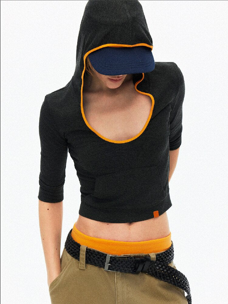 U-Neck Contrast Hooded Knit Top【s0000015918】