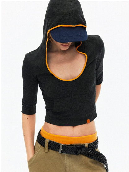 U-Neck Contrast Hooded Knit Top【s0000015918】