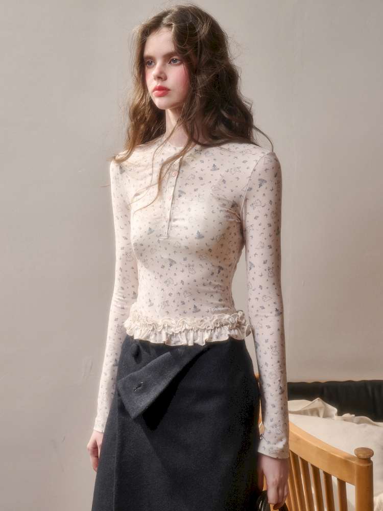 Comfortable Cotton Crew Neck Slim Lace Hem Top【s0000014895】