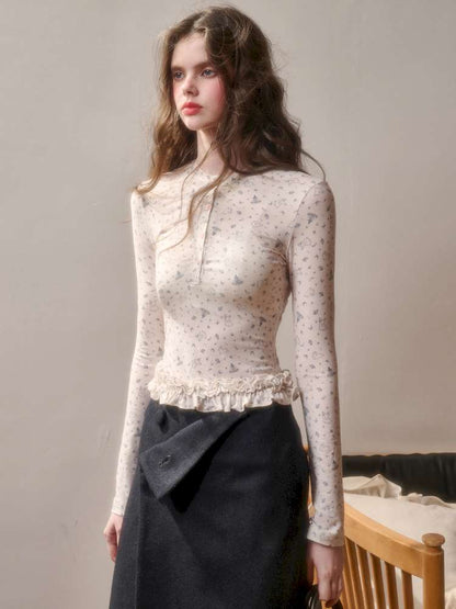 Comfortable Cotton Crew Neck Slim Lace Hem Top【s0000014895】