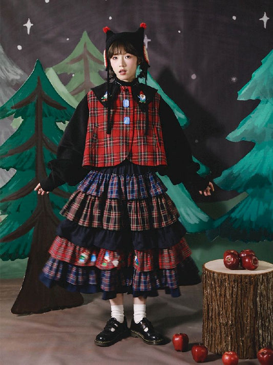 Red Grid Patchwork Lolita Silhouette Short Jacket【s0000005683】