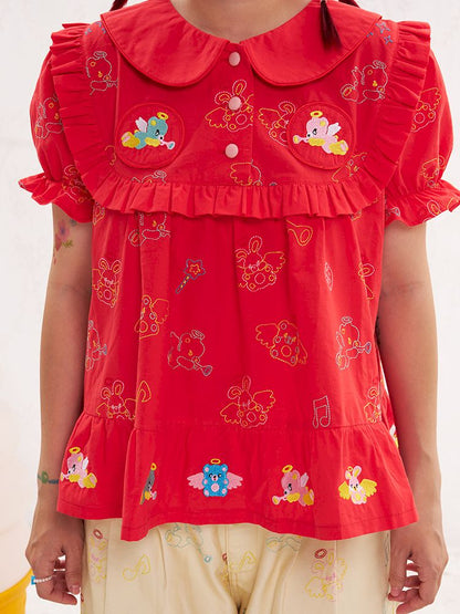 Animal angel heavy embroidery red doll shirt【s0000013184】