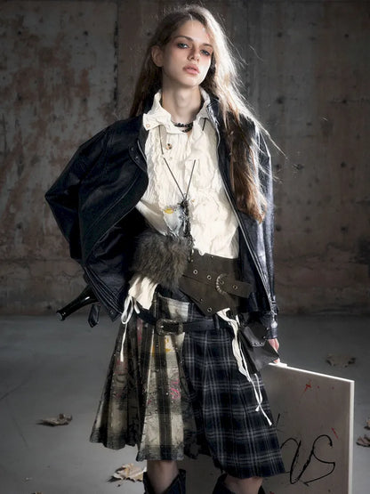 Drawstring Black-Gray Checkered Shir【s0000013959】