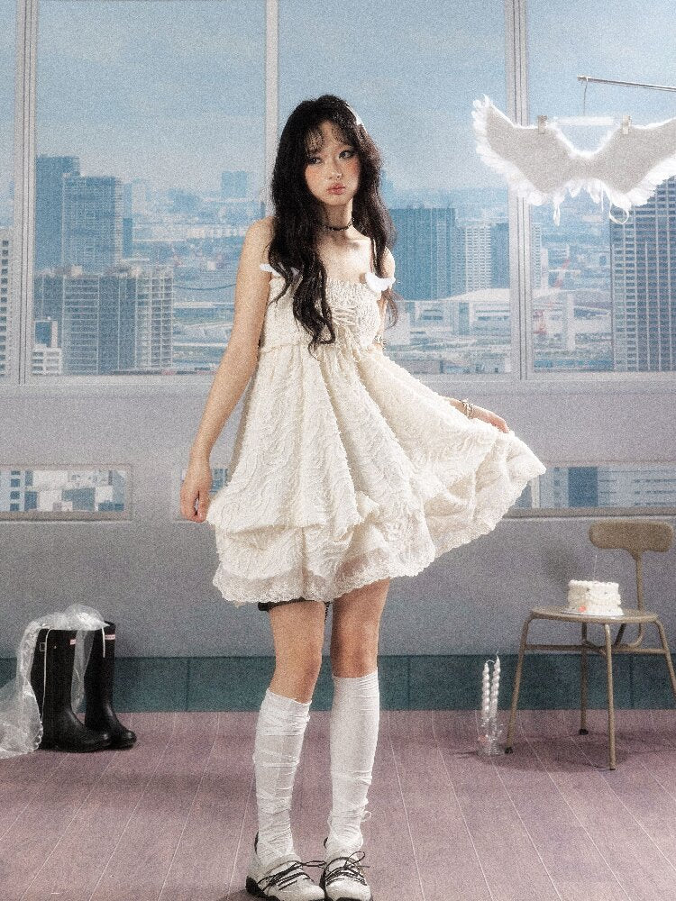 Shirred Lace White Texture Dress【s0000016278】