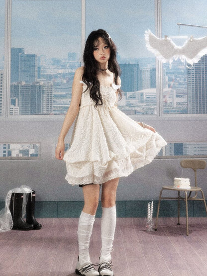 Shirred Lace White Texture Dress【s0000016278】