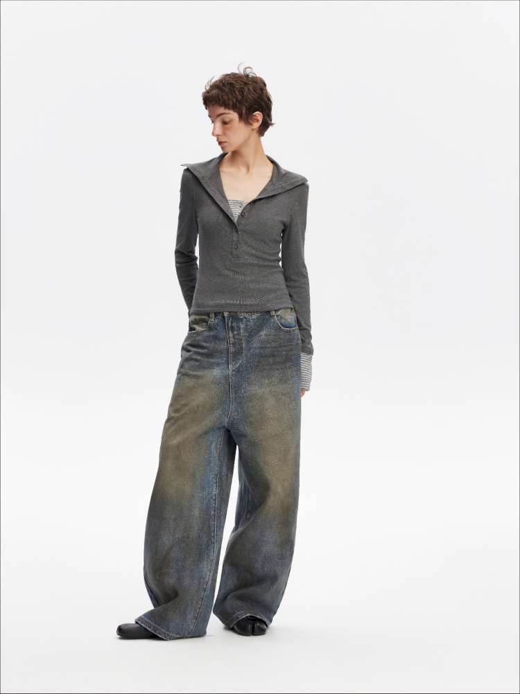 Vintage Yellow Mud Distressed Wide-Leg Jeans【s0000014873】