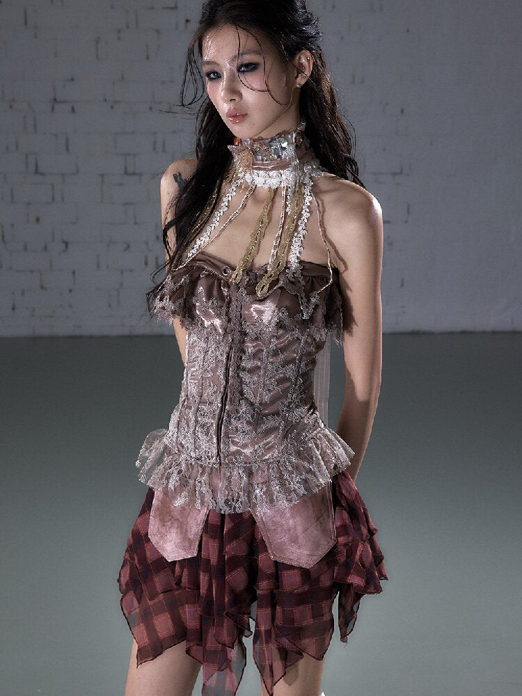 Patchwork Lace Satin Short Corset【s0000016204】
