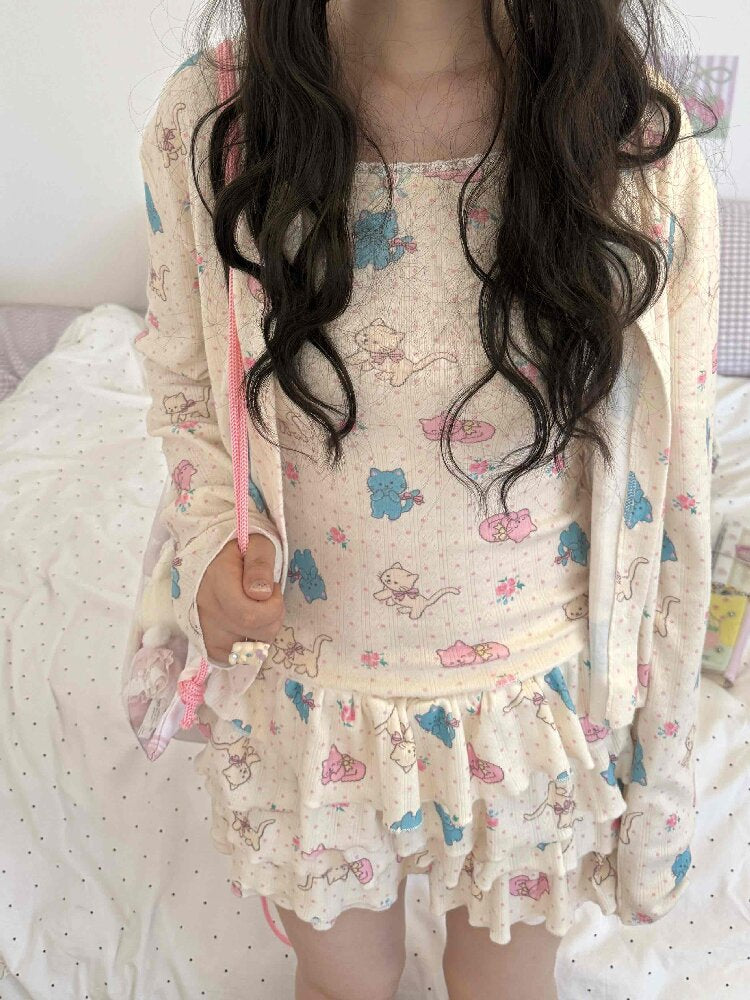 Cat Rose Print Cardigan Camisole Set【s0000017509】