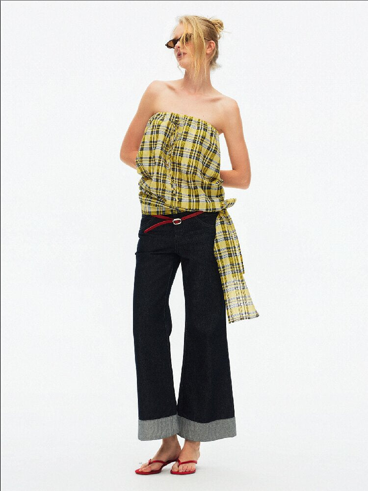 Striped Plaid Lace Up Bandeau Top【s0000015924】