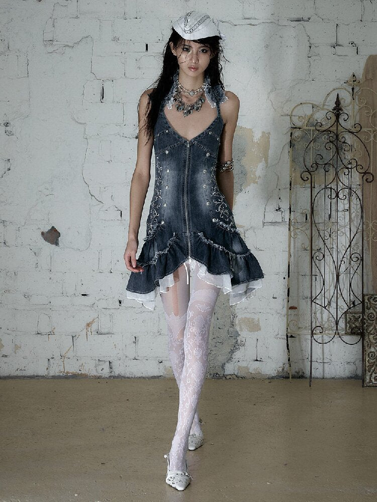 Court Embroidered Denim Mermaid Dress【s0000016983】