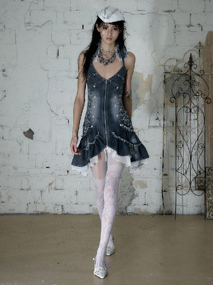 Court Embroidered Denim Mermaid Dress【s0000016983】