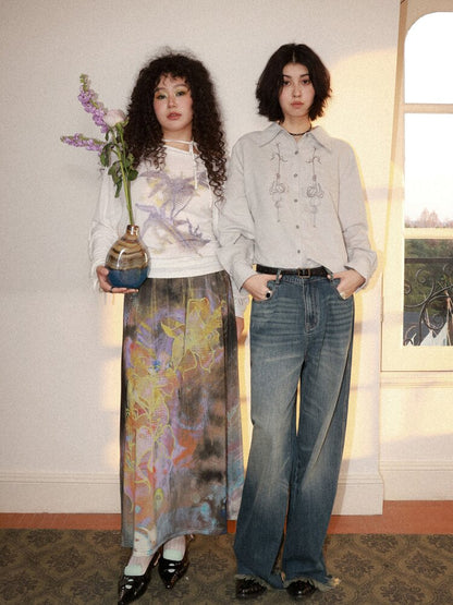 Suede Embroidered Lantern Sleeve Top【s0000015461】