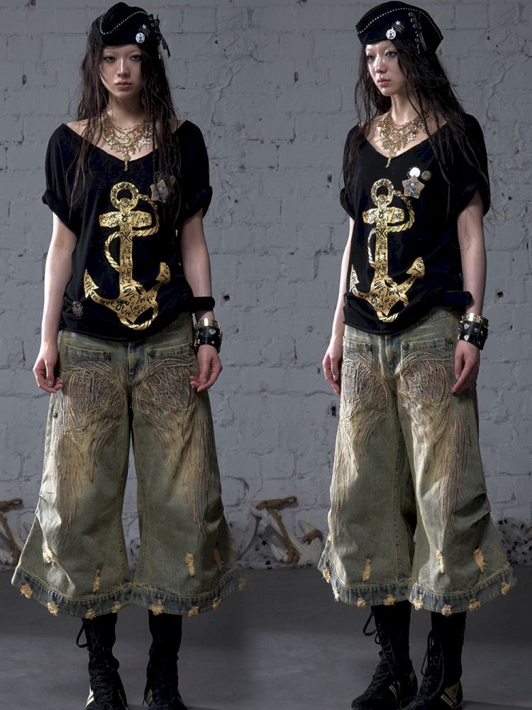 Wide-leg denim cropped pants【s0000012800】