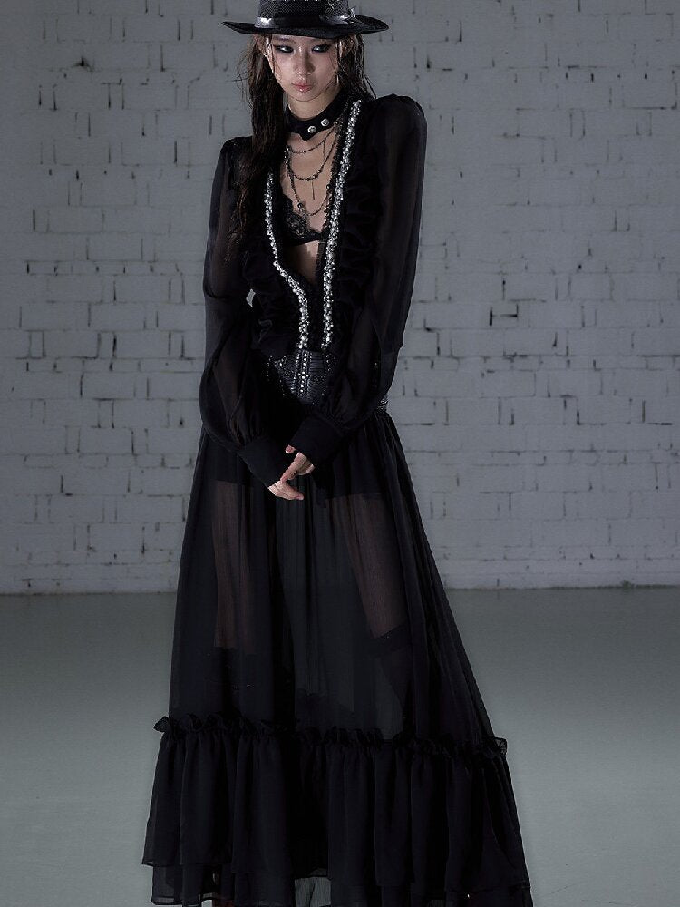 Shirring Deep V Chiffon Dress【s0000015932】