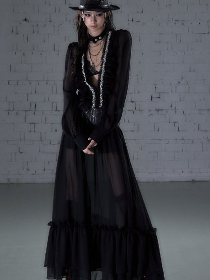 Shirring Deep V Chiffon Dress【s0000015932】
