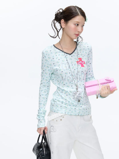Full Print V Neck Long Sleeve Top【s0000016406】