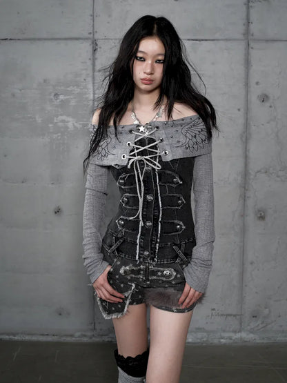 Rhinestone Off-Shoulder Long-Sleeve T-Shirt【s0000014118】