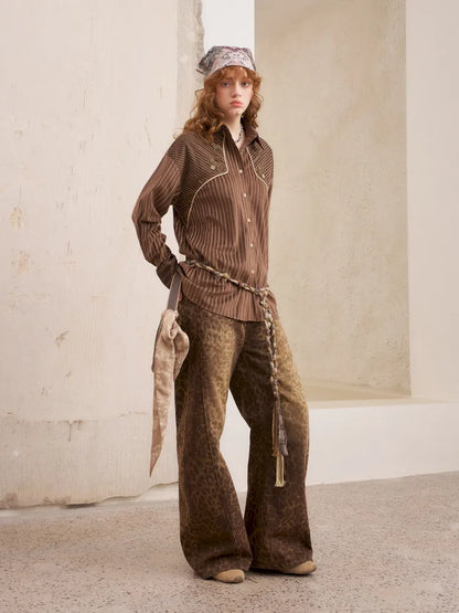 Velvet Beaded Contrast-Striped Vintage Shirt【s0000014079】