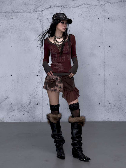 Retro Punk V-Neck Stretch T-Shirt【s0000014928】