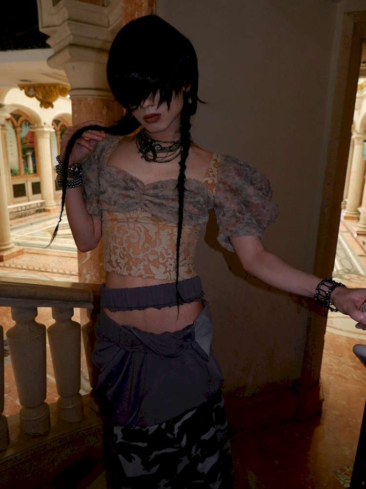 Patchwork Sheer Bud Strap Court Top【s0000015145】