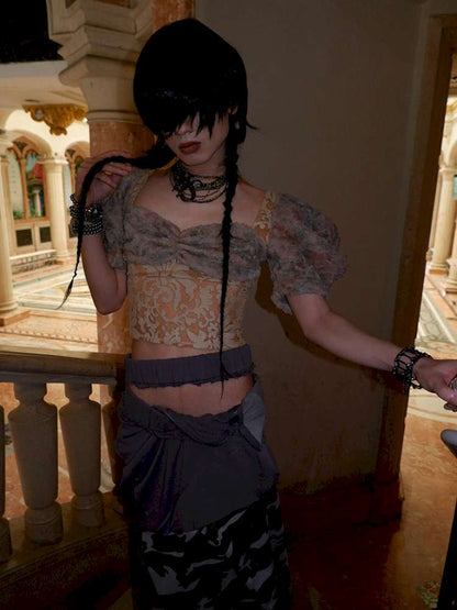 Patchwork Sheer Bud Strap Court Top【s0000015145】