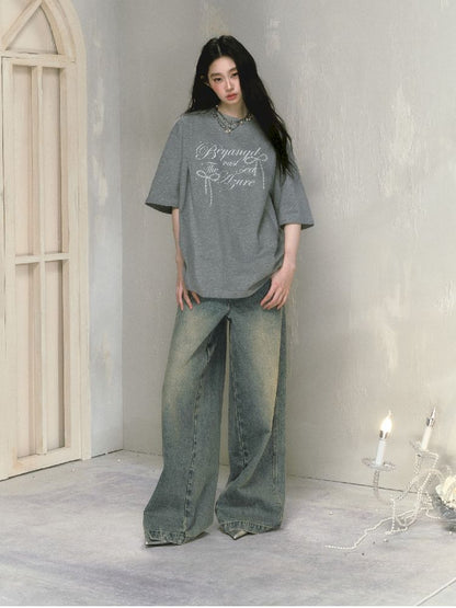 Wide-leg broken holes micro-laundry jeans【s0000012140】
