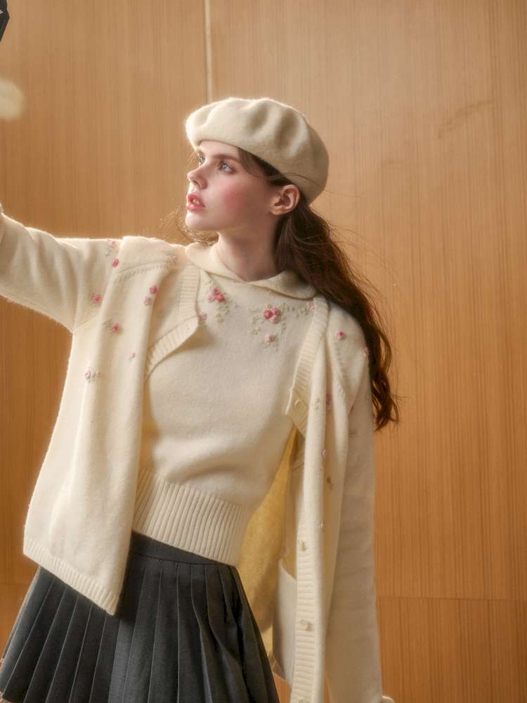 Wool Hand-Embroidered Flower Sweater Cardigan【s0000014891】
