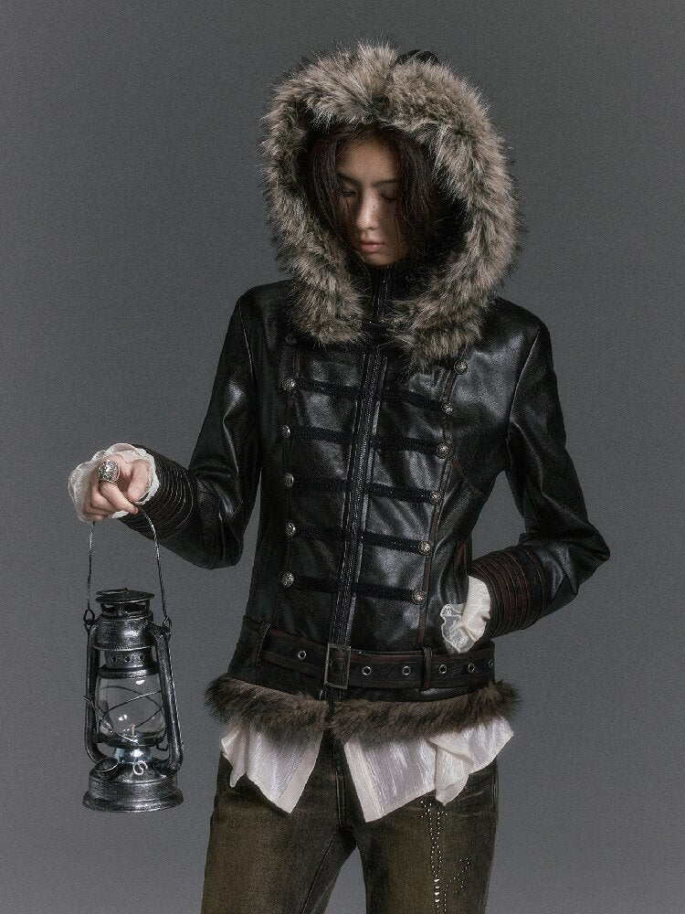 Napoleon Hooded Wool Collar Leather Coat【s0000019239】