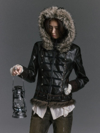 Napoleon Hooded Wool Collar Leather Coat【s0000019239】