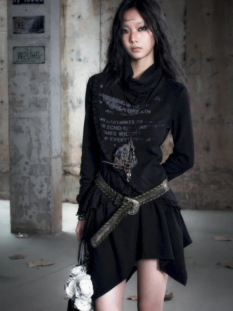 Asymmetric Collar Long-Sleeve Dress【s0000013960】
