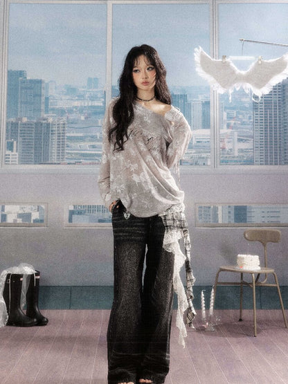 Plaid Ruffled Wide Leg Jeans【s0000016268】