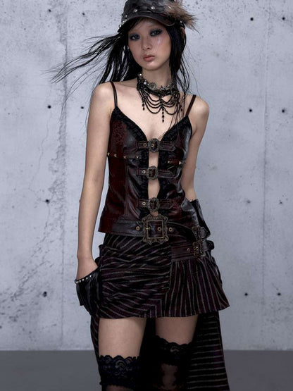 Dark Court Openwork Lace Leather Camisole【s0000014920】