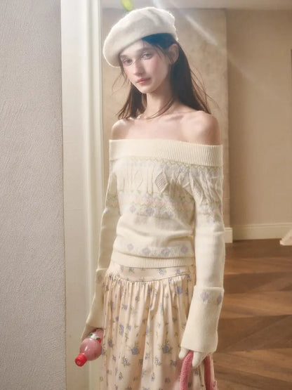 Fresh and Soft Cotton Sweater, Scarf, Floral Skirt【s0000014323】