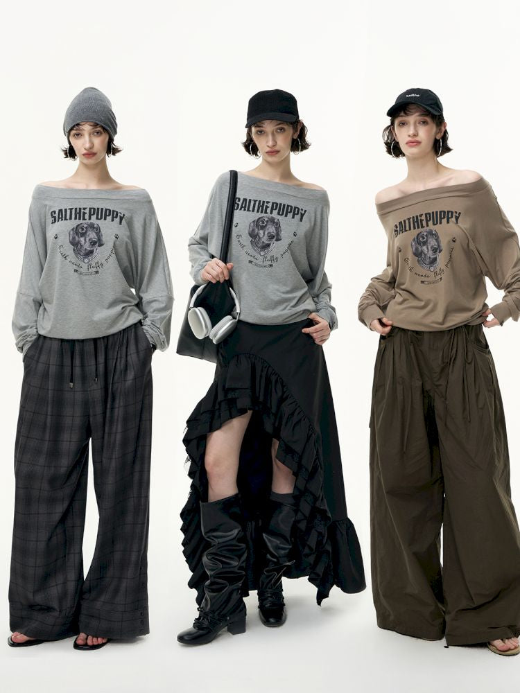 Puppy Printed Slant Shoulder Long Sleeve T-Shirt【s0000013744】