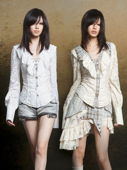 Ruffle Double Layer Collar Slim Shirt【s0000011814】