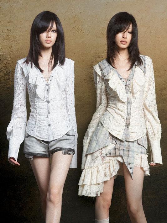 Ruffle Double Layer Collar Slim Shirt【s0000011814】