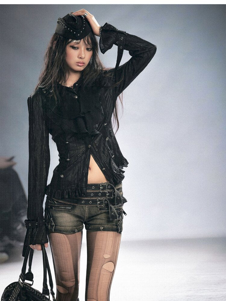 Gothic Pleated Ruffled Slim Shirt【s0000015450】