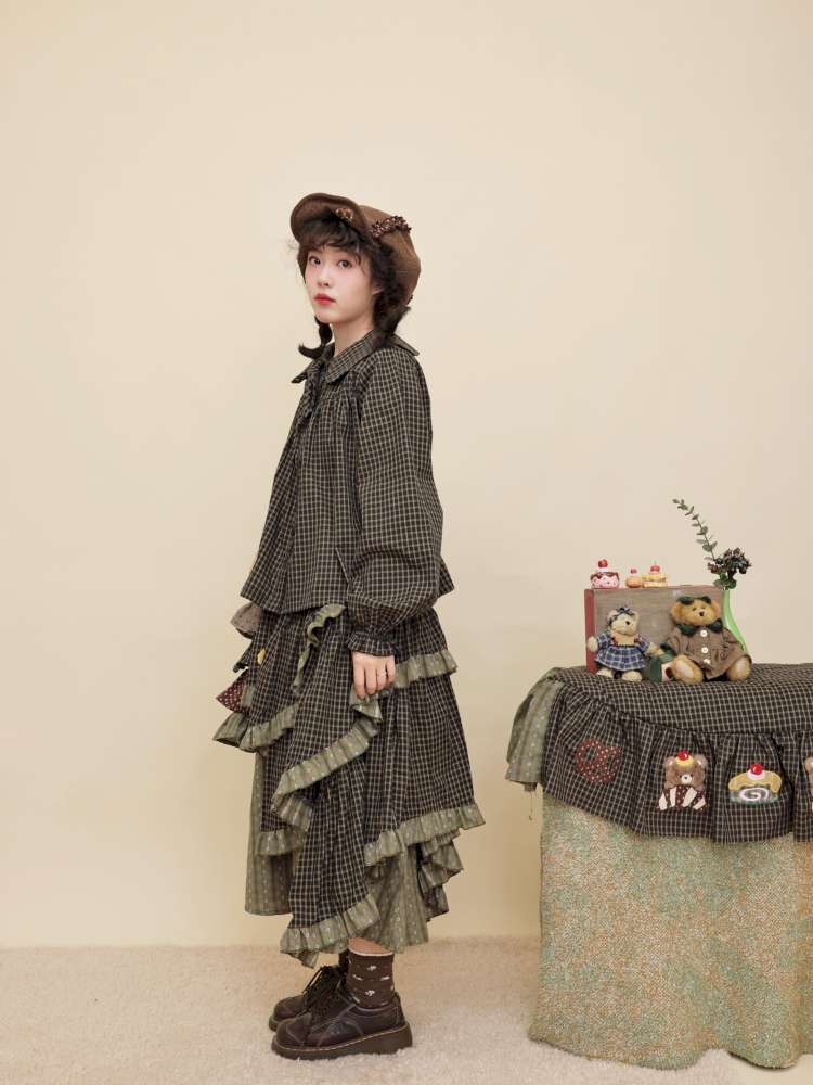 Vintage Girly Dark Green Plaid Shirt【s0000014842】