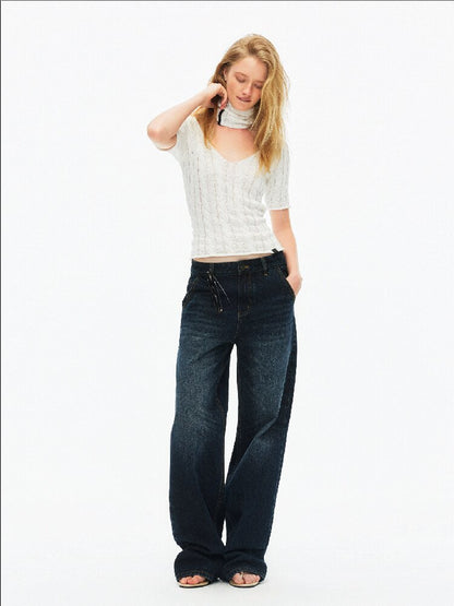 Cotton Lace Up Asymmetrical Jeans【s0000015925】