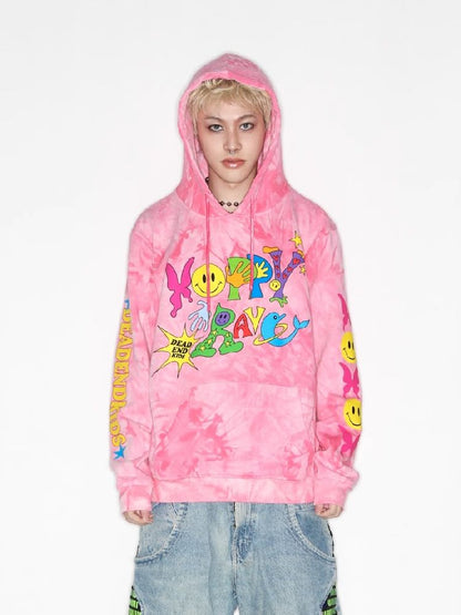 Smiley Pink Tie-Dye Hooded Sweatshirt [S0000010262]