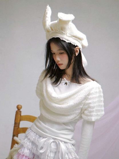 Draped Collar Bow Knitted Two-Piece Top【s0000014938】