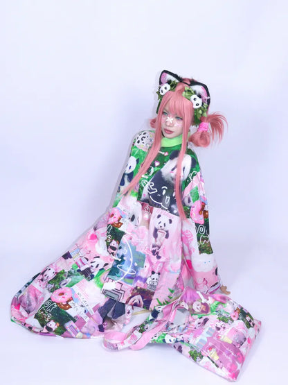 Panda Collage Print Stand Collar Long-Sleeve Top【s0000013981】