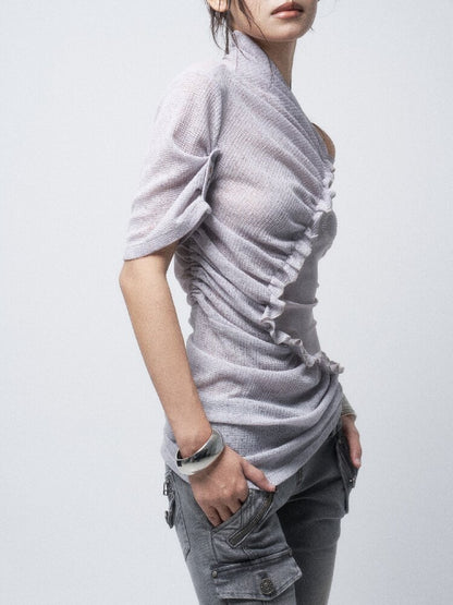 3-Tone Knitted Mesh Pleated T-Shirt【s0000016063】