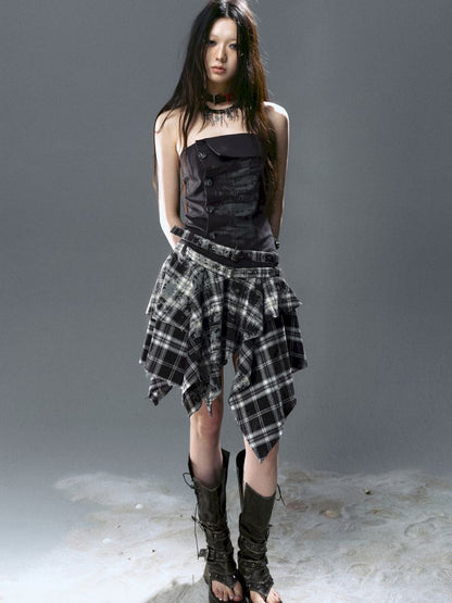 Asymmetrical patchwork plaid strapless dress【s0000012808】