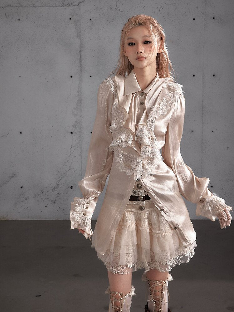 Ruffled Lace Satin Silk Shirt【s0000019157】