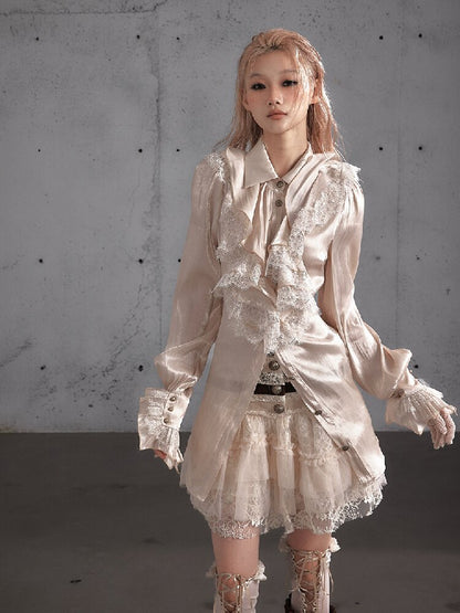 Ruffled Lace Satin Silk Shirt【s0000019157】
