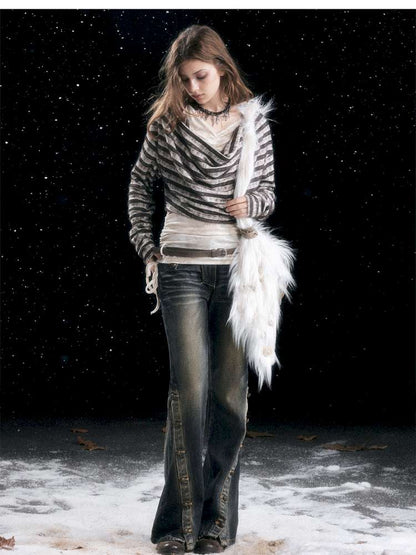 Striped Distressed Hooded Top【s0000014674】