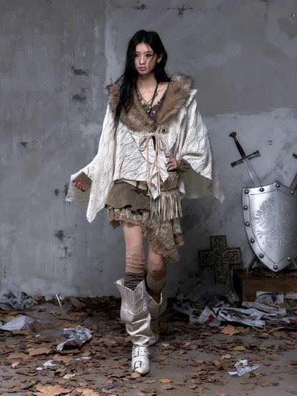 Knit Fur Collar Shawl Cape【s0000014659】