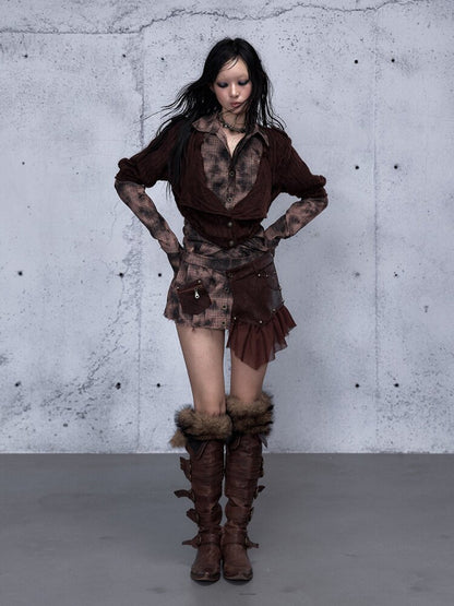 Plaid Stitching Leather Skirt【s0000015546】