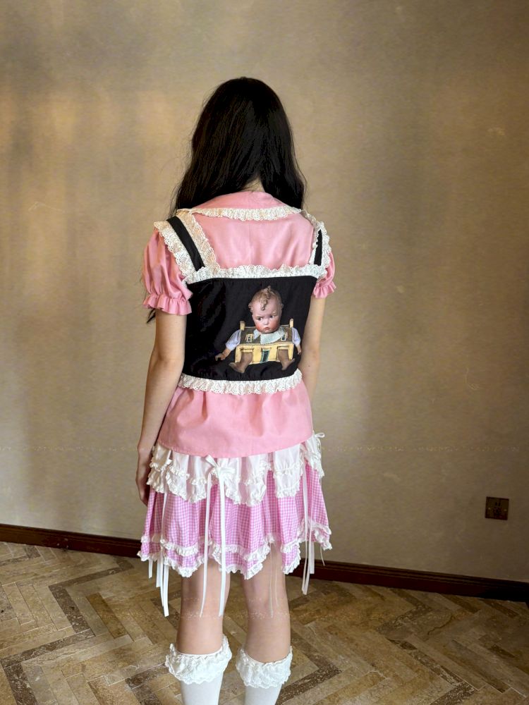 Cute doll print lace bow vest【s0000012760】